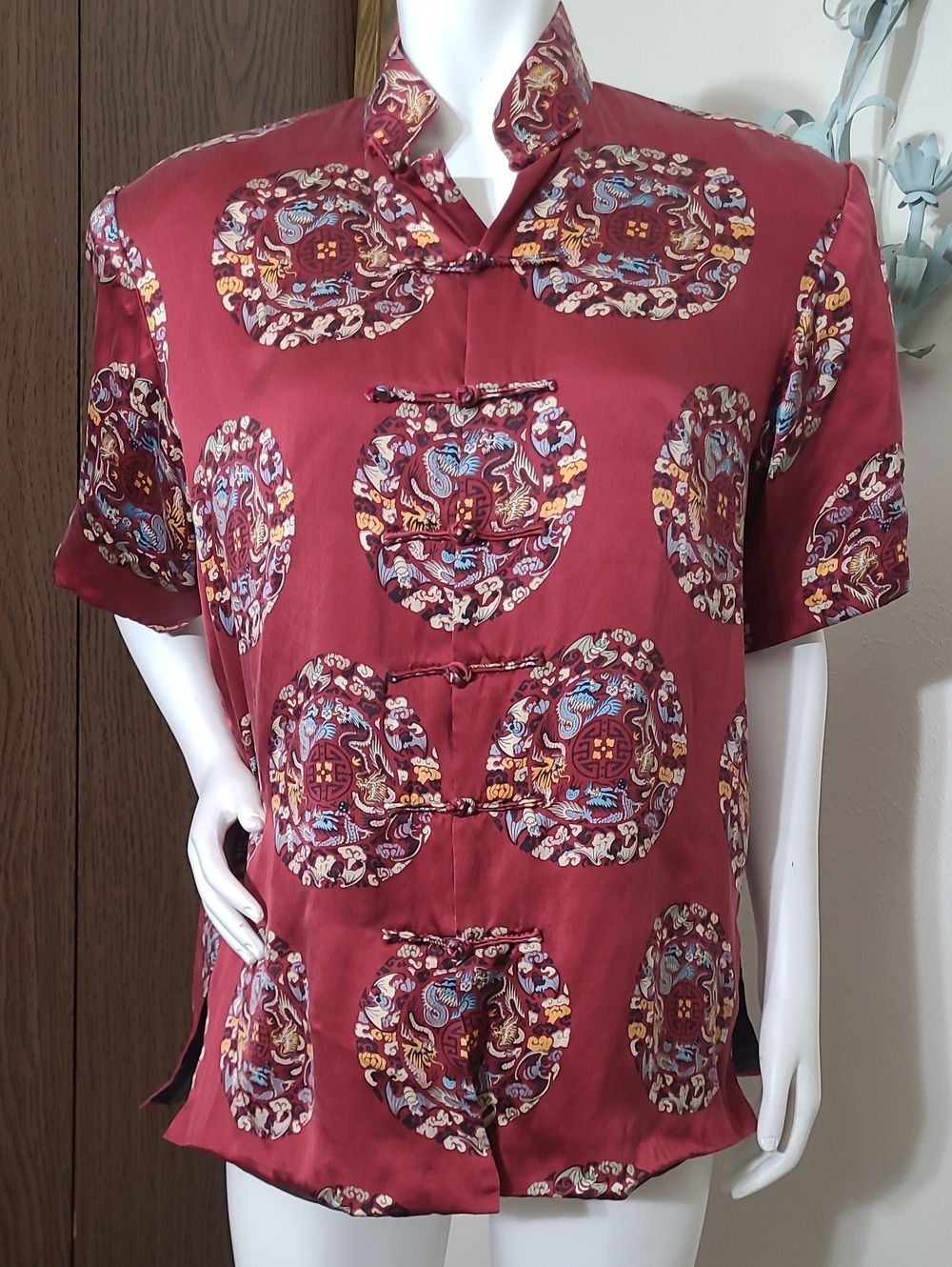 Women’s Mandarin-Collar Blouse in Deep Burgundy with Embroidered Medallions